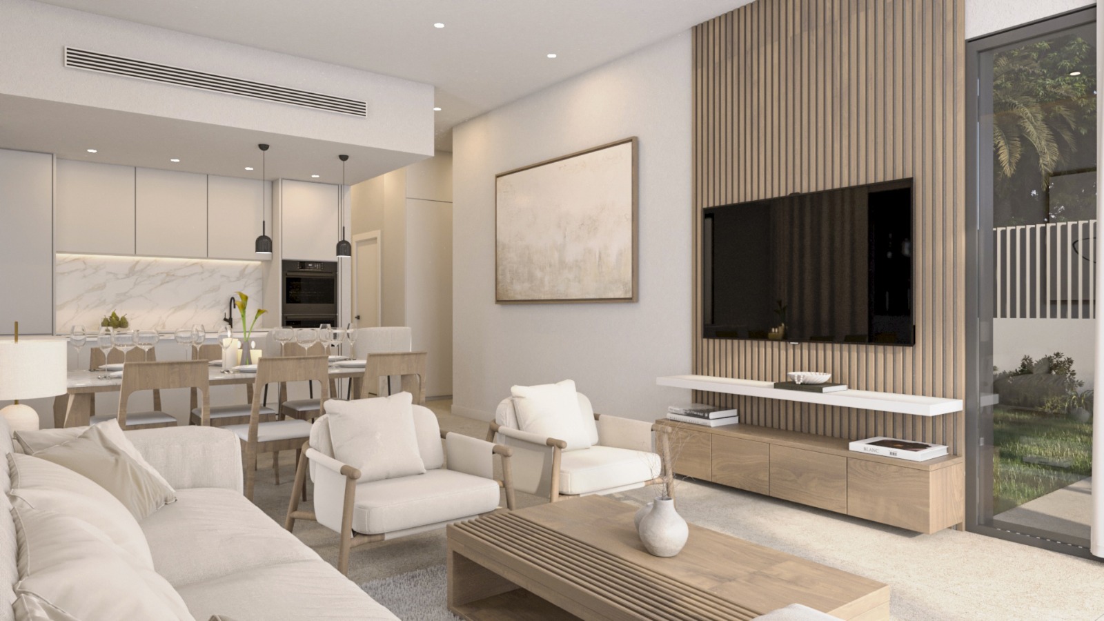 Open-plan living area featuring a wooden slat accent wall, integrated designer kitchen with marble backsplash, and large glass doors opening to the garden.