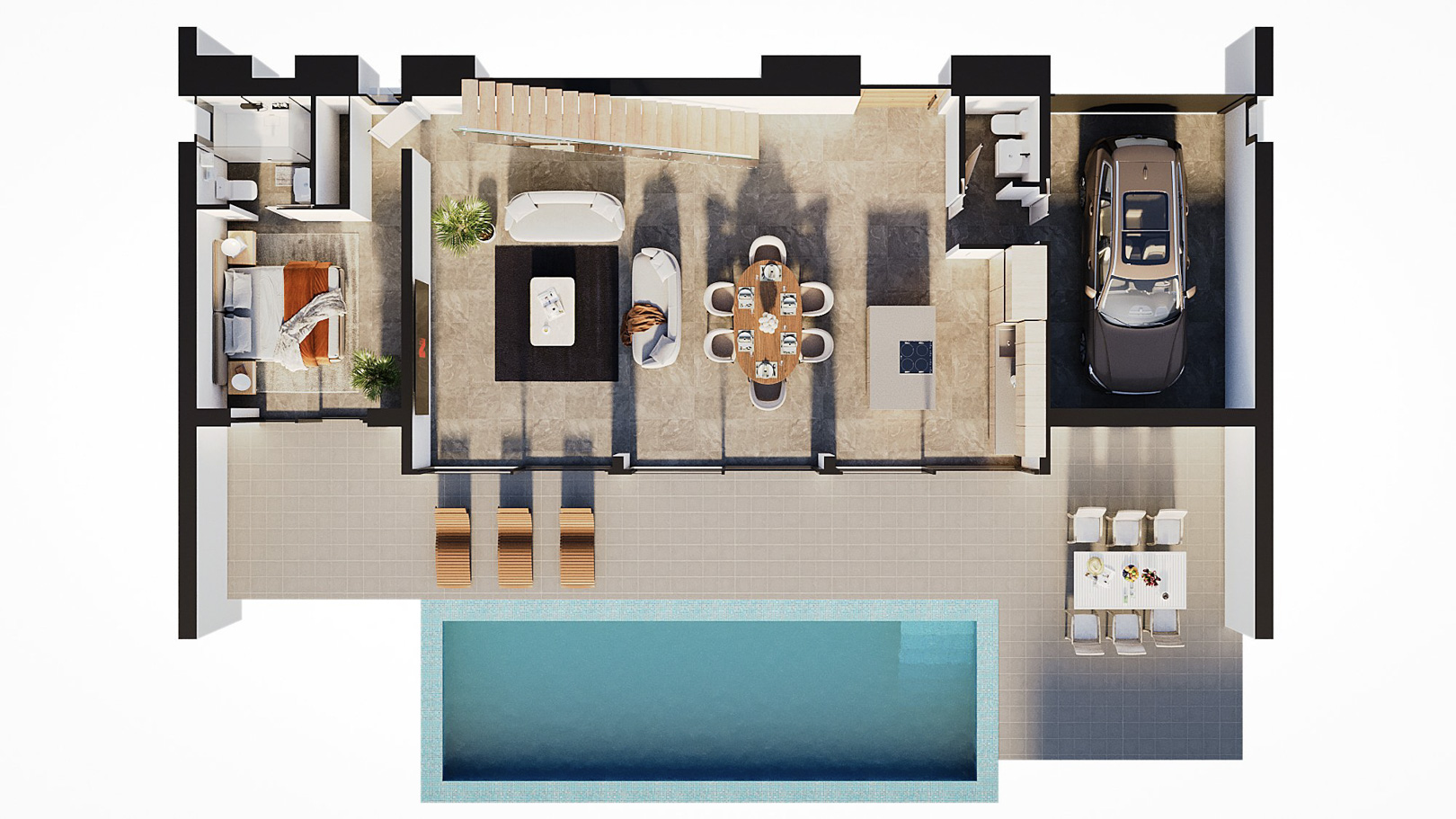 3D floor plan of the ground floor featuring an open-plan living area, kitchen island, ensuite bedroom, integrated garage, and terrace with a private pool.