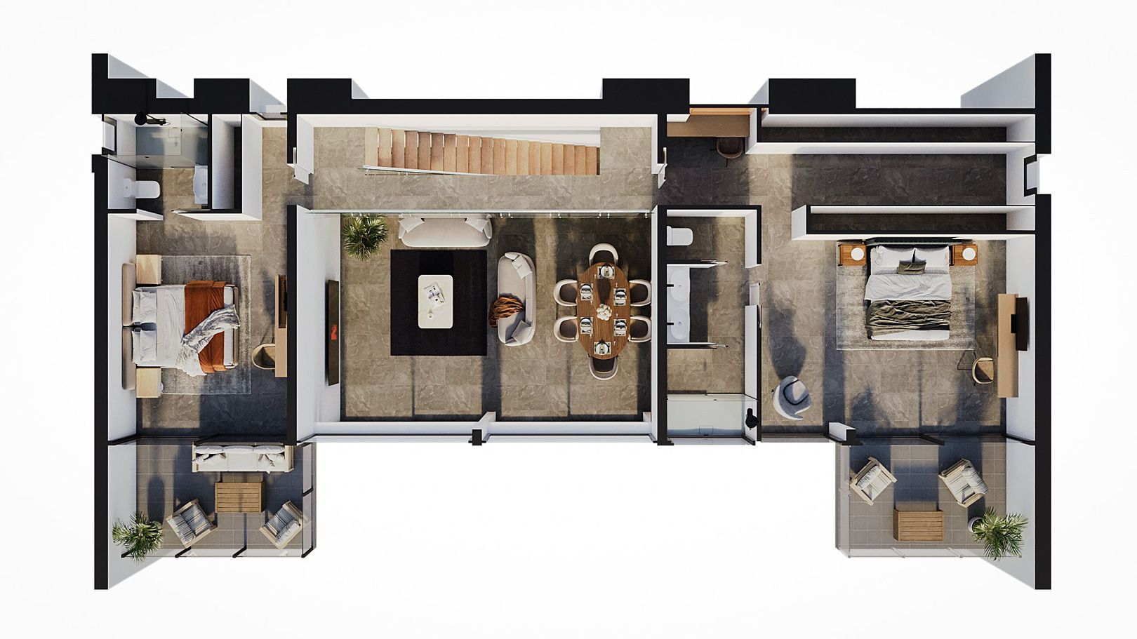 3D floor plan of the upper level featuring two en-suite bedrooms, private terraces, a walk-in closet, and a central lounge area with large-format stone flooring.