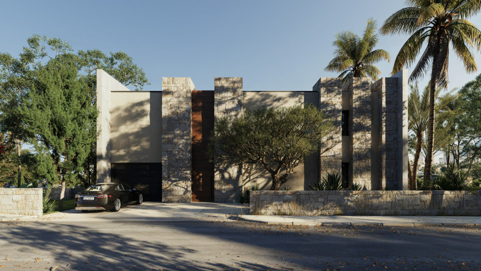 Contemporary main facade featuring natural stone pillars, smooth finishes, and a Mediterranean garden with olive and palm trees.