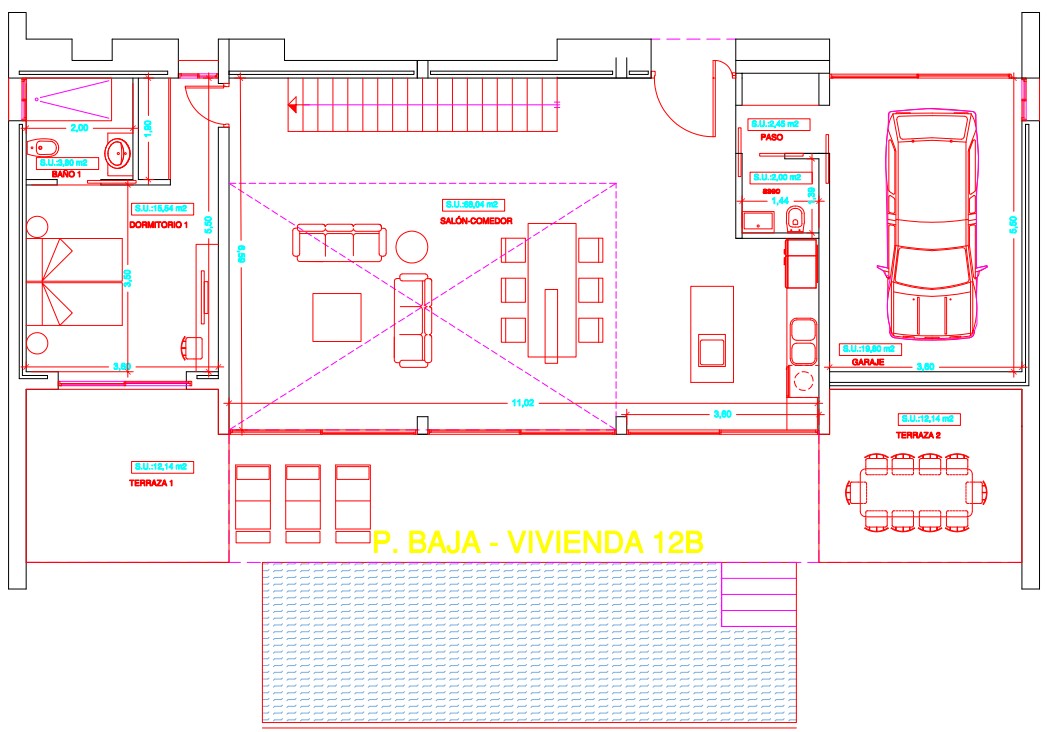 Detailed ground floor plan featuring a 68 sqm open-plan living area, kitchen with island, en-suite bedroom, integrated garage, and extensive outdoor terrace spaces.