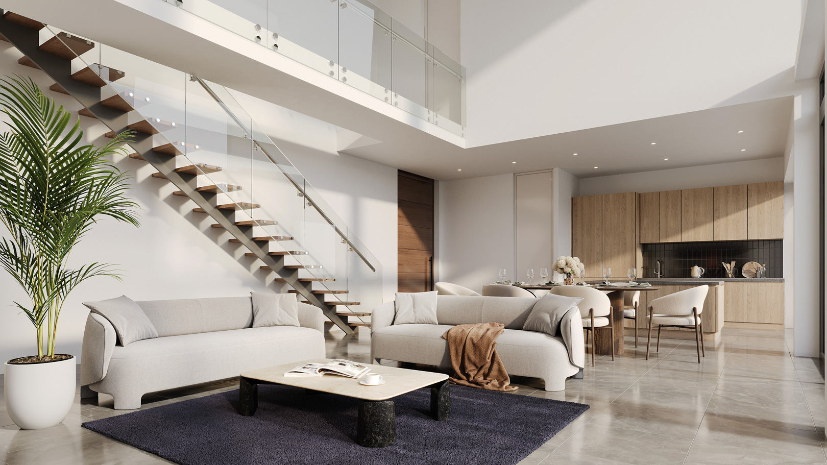 Double-height living room featuring a floating wooden staircase with glass railings and an integrated kitchen with natural wood cabinetry and stone flooring.