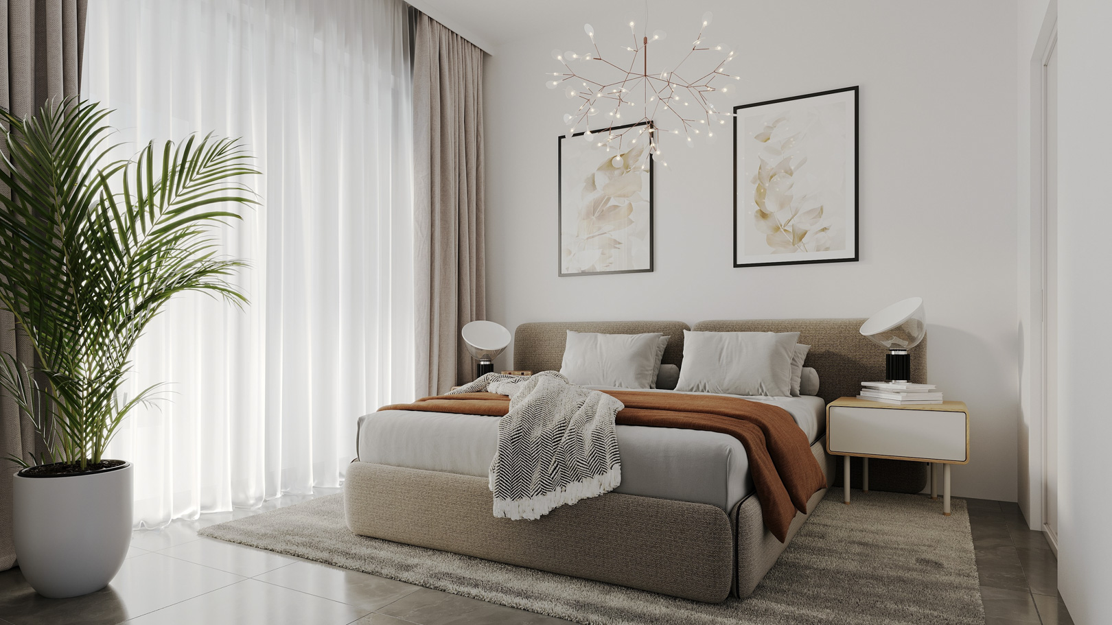 Modern bedroom featuring an upholstered bed, a designer branching chandelier, and floor-to-ceiling windows providing ample natural light.