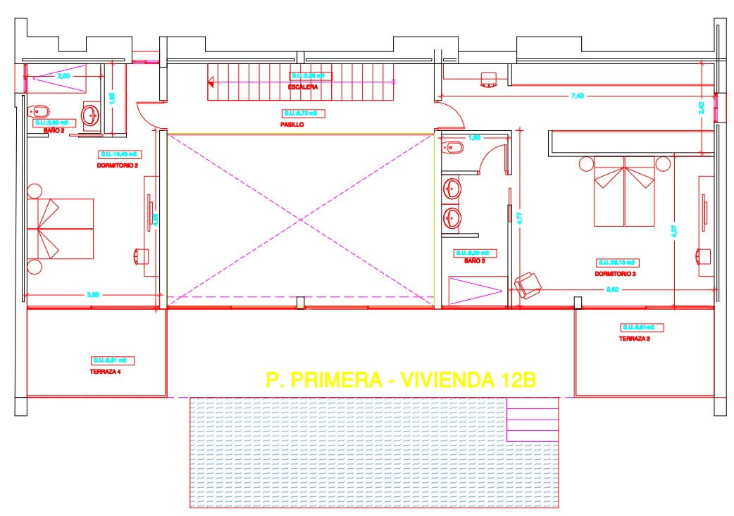 Technical floor plan of the first level showing two bedrooms with en-suite bathrooms, private terraces, and a central hallway with staircase access.