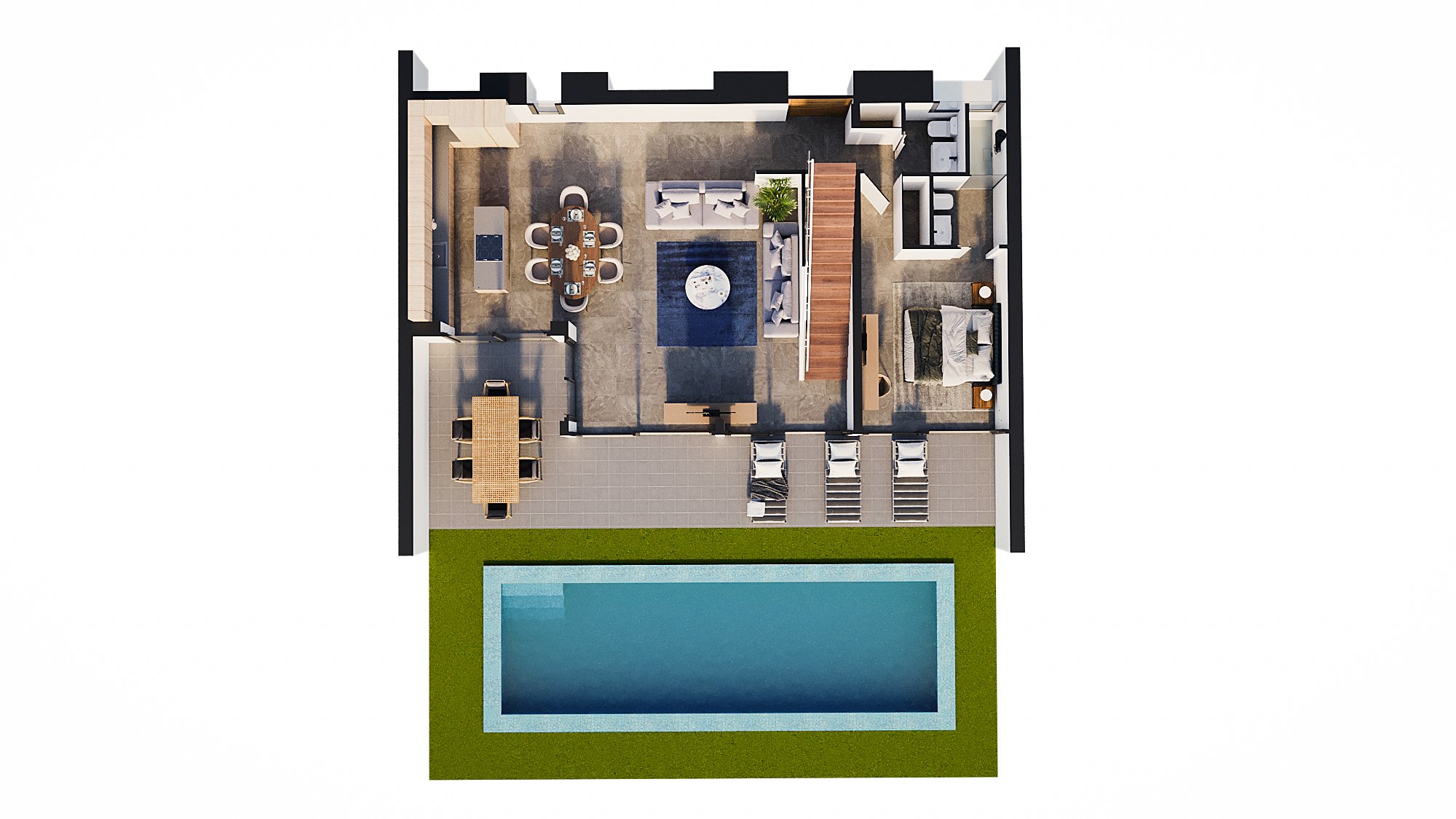 3D architectural floor plan of the ground level, showcasing the open-plan living area, kitchen island, ensuite bedroom, and outdoor terrace with pool.