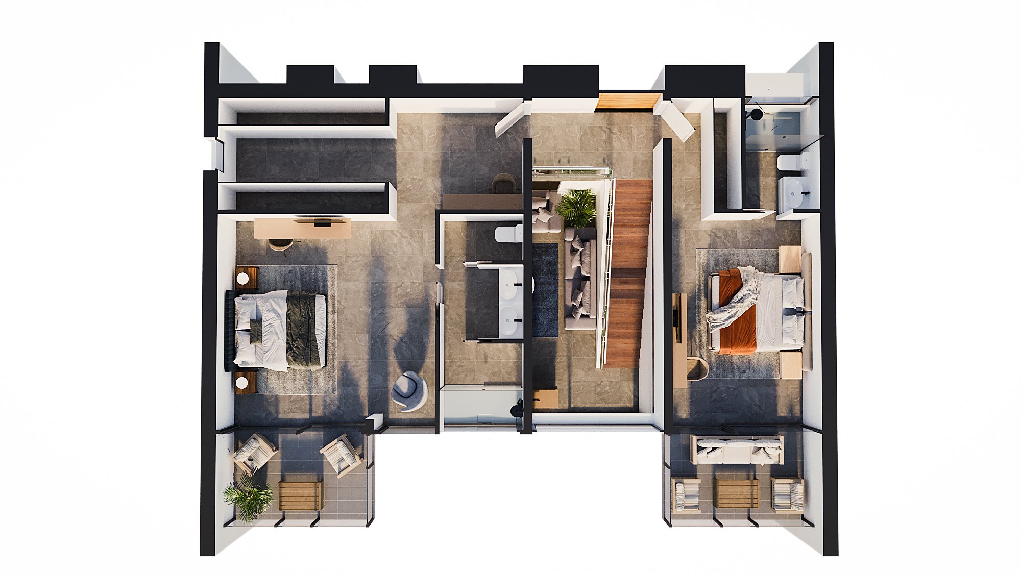 3D floor plan of the upper level featuring two bedrooms with en-suite bathrooms, a spacious walk-in closet, central wooden staircase, and private furnished terraces.