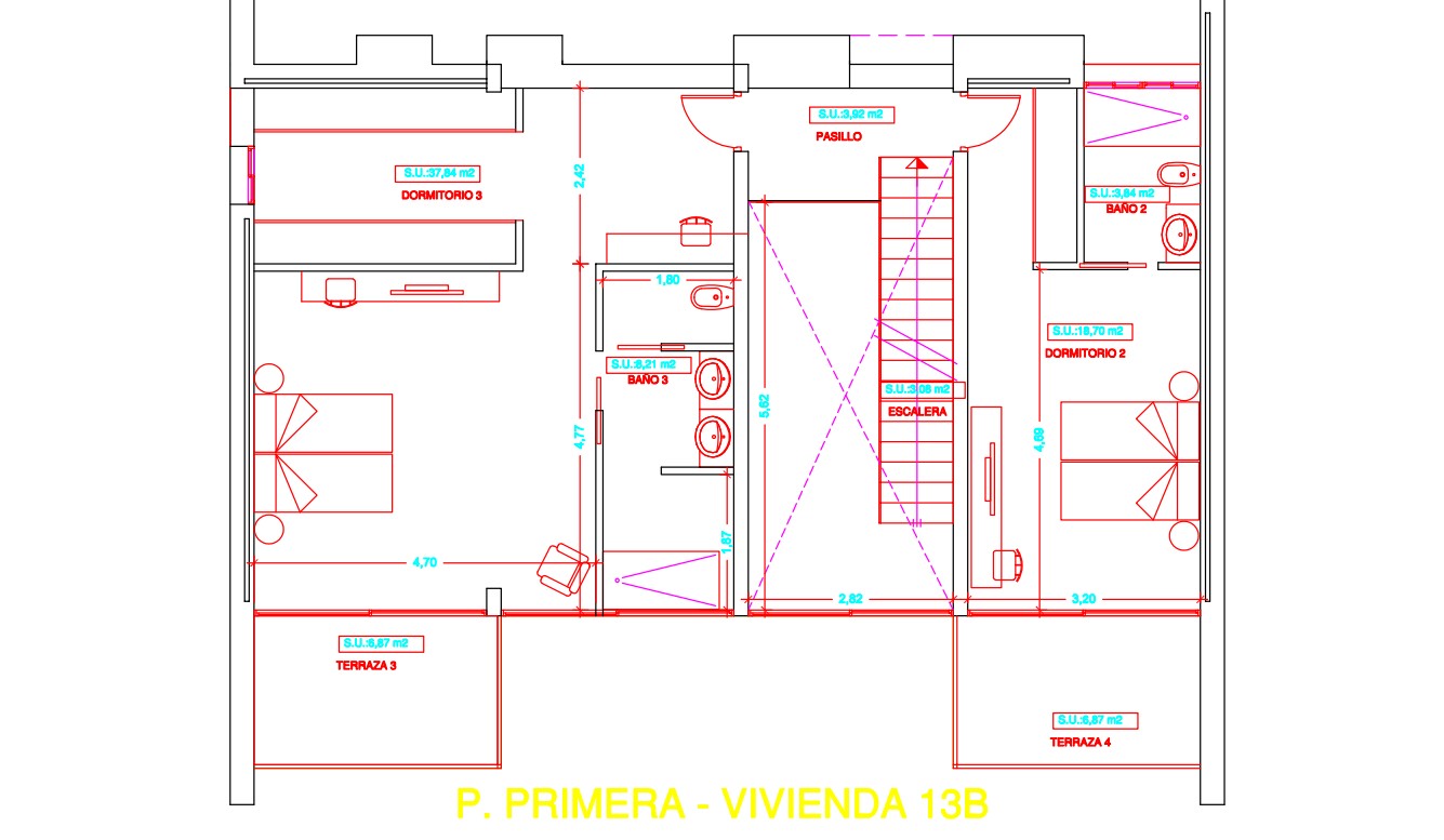 Detailed floor plan of the first floor featuring two double bedrooms with en-suite bathrooms, built-in wardrobes, and private terraces for each room.