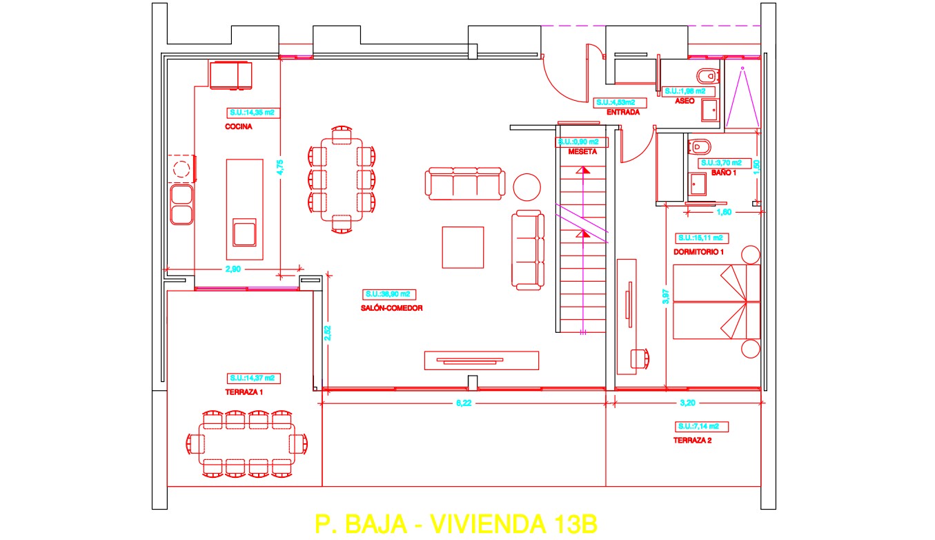 Detailed floor plan of the ground floor illustrating the open-plan living area, kitchen with island, en-suite bedroom, and spacious outdoor terraces.