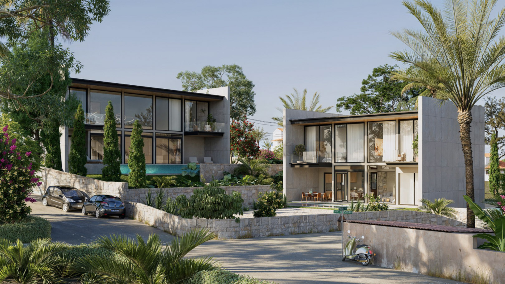 Exterior perspective of modern villas showcasing concrete architecture, floor-to-ceiling windows, and landscaped gardens with dry stone walls.