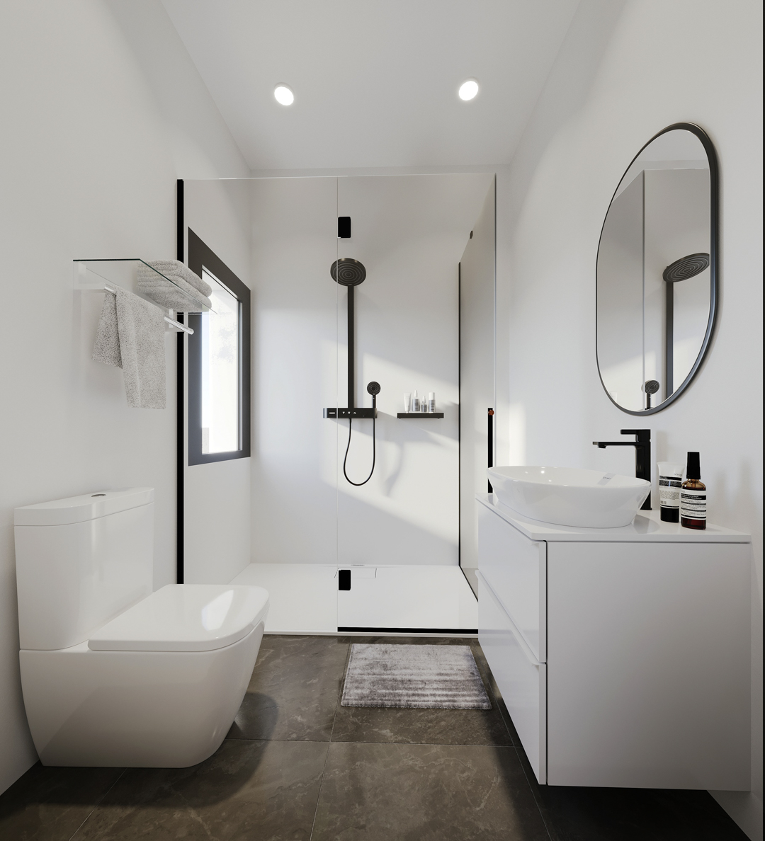Modern bathroom featuring a walk-in shower with black matte fixtures, a floating white vanity with a vessel sink, and dark porcelain floor tiles.