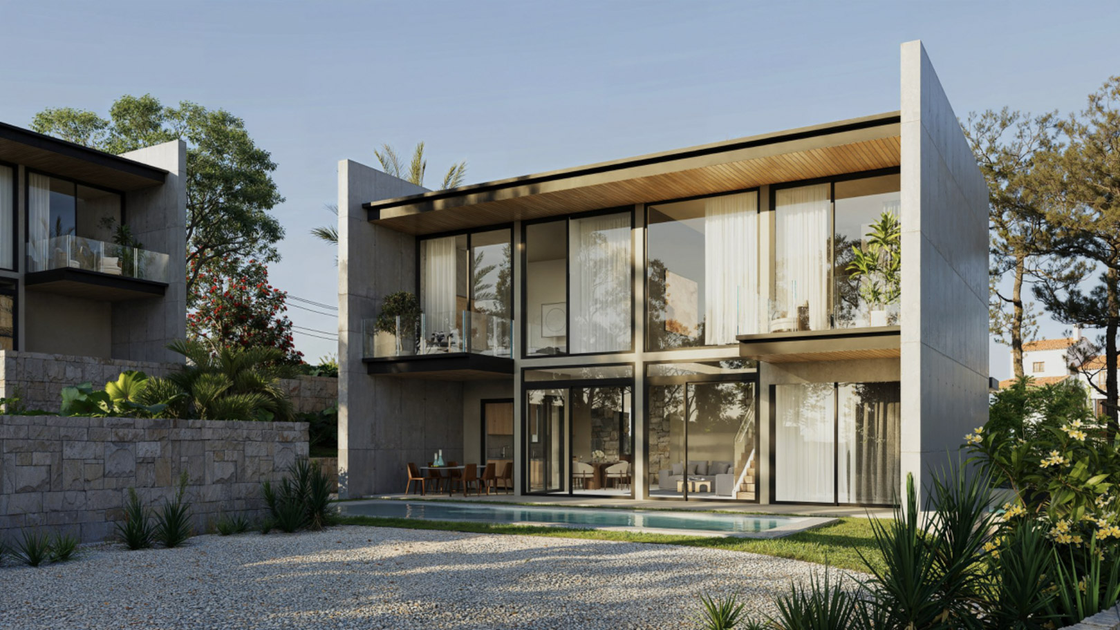 Modern concrete and glass facade featuring floor-to-ceiling windows, private balconies, and a rectangular swimming pool set within a landscaped Mediterranean garden.