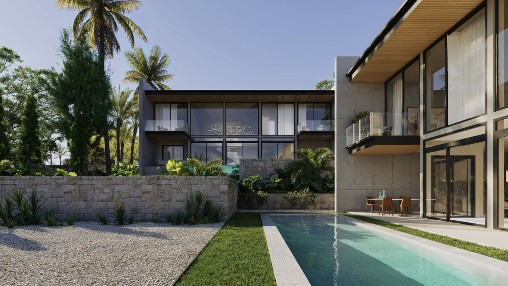 Modern villa exterior featuring floor-to-ceiling windows, a rectangular swimming pool, and natural stone walls set within landscaped Mediterranean gardens.