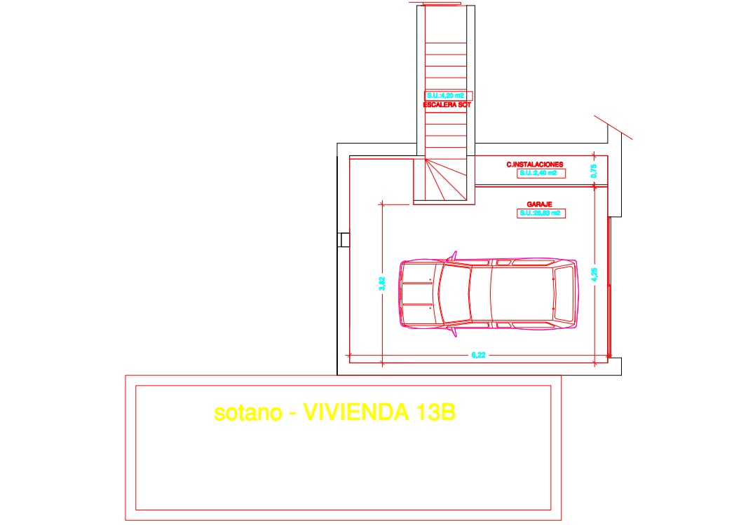 Technical floor plan of the basement level featuring a 26.83 m² garage, a dedicated installation room, and stairs for direct interior access.