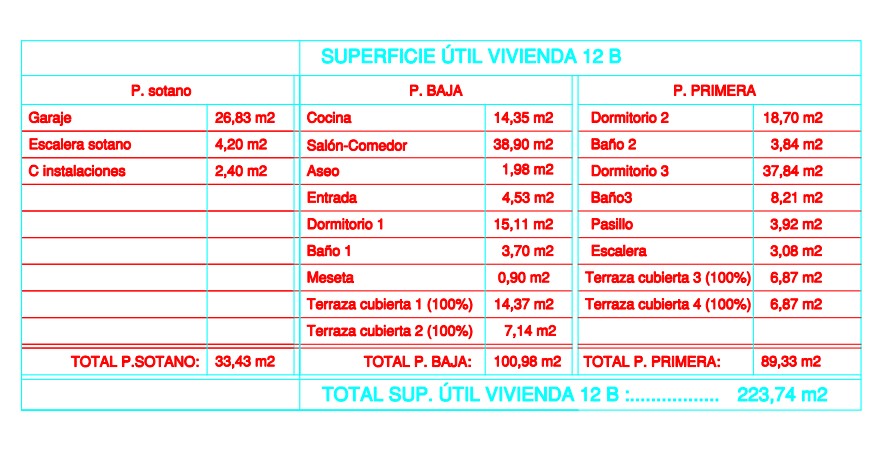 Technical table showing the breakdown of useful living areas per room and floor, totaling 223.74 m² across the basement, ground, and first floors.