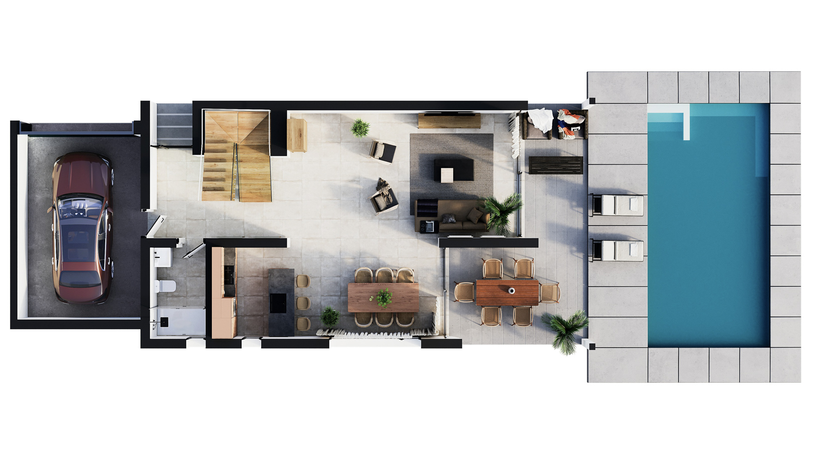 3D floor plan of the ground level showing the open-plan living space, kitchen with island, garage, and outdoor terrace with a private swimming pool.