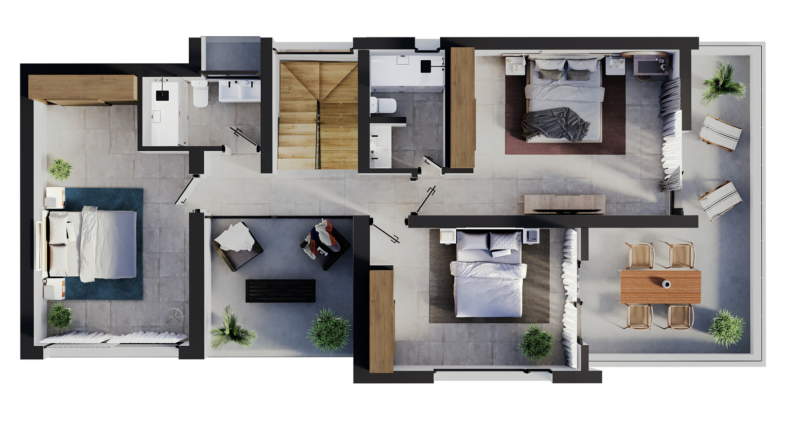 3D floor plan of the upper floor showing three bedrooms, two bathrooms, a wooden staircase, and expansive terraces with outdoor lounge and dining areas.