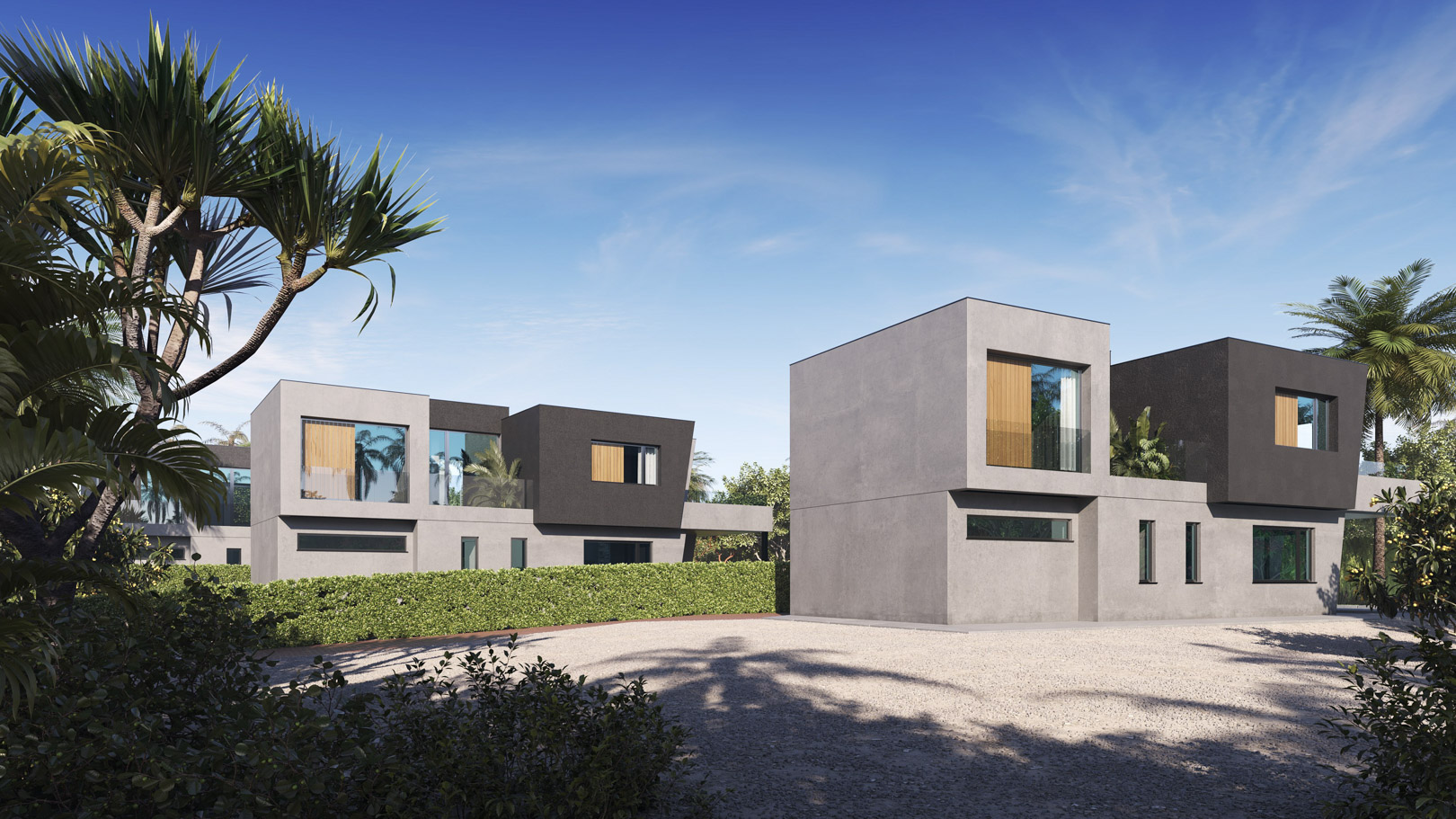 Exterior view of the three modern villas featuring minimalist concrete facades, dark accents, and landscaped gardens with palm trees and gravel driveways.