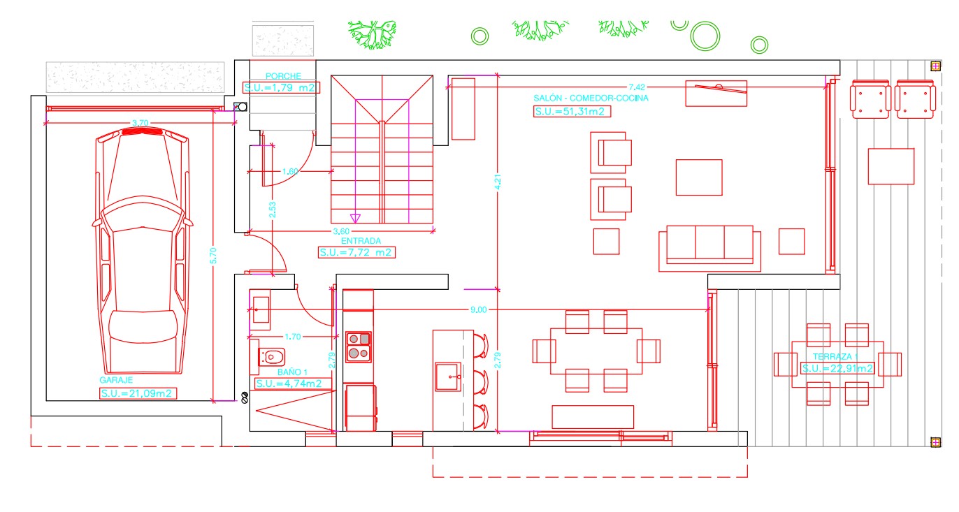 Ground floor architectural plan showcasing a 51.31 sqm open-plan living area, kitchen with island, private garage, and a 22.91 sqm outdoor terrace.