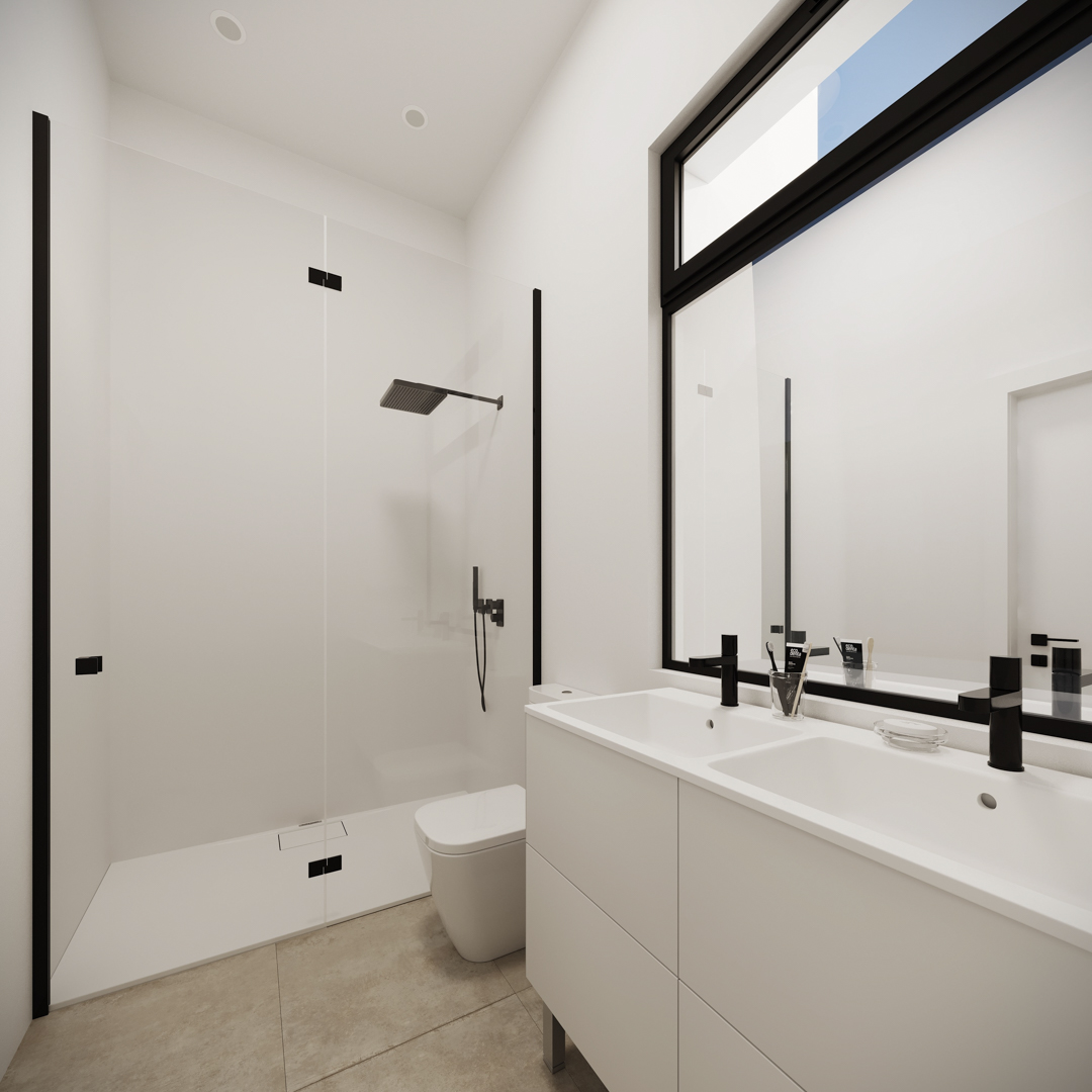 Modern bathroom featuring a white double vanity with matte black faucets and a walk-in shower with glass partition. Neutral ceramic flooring and minimalist recessed lighting.
