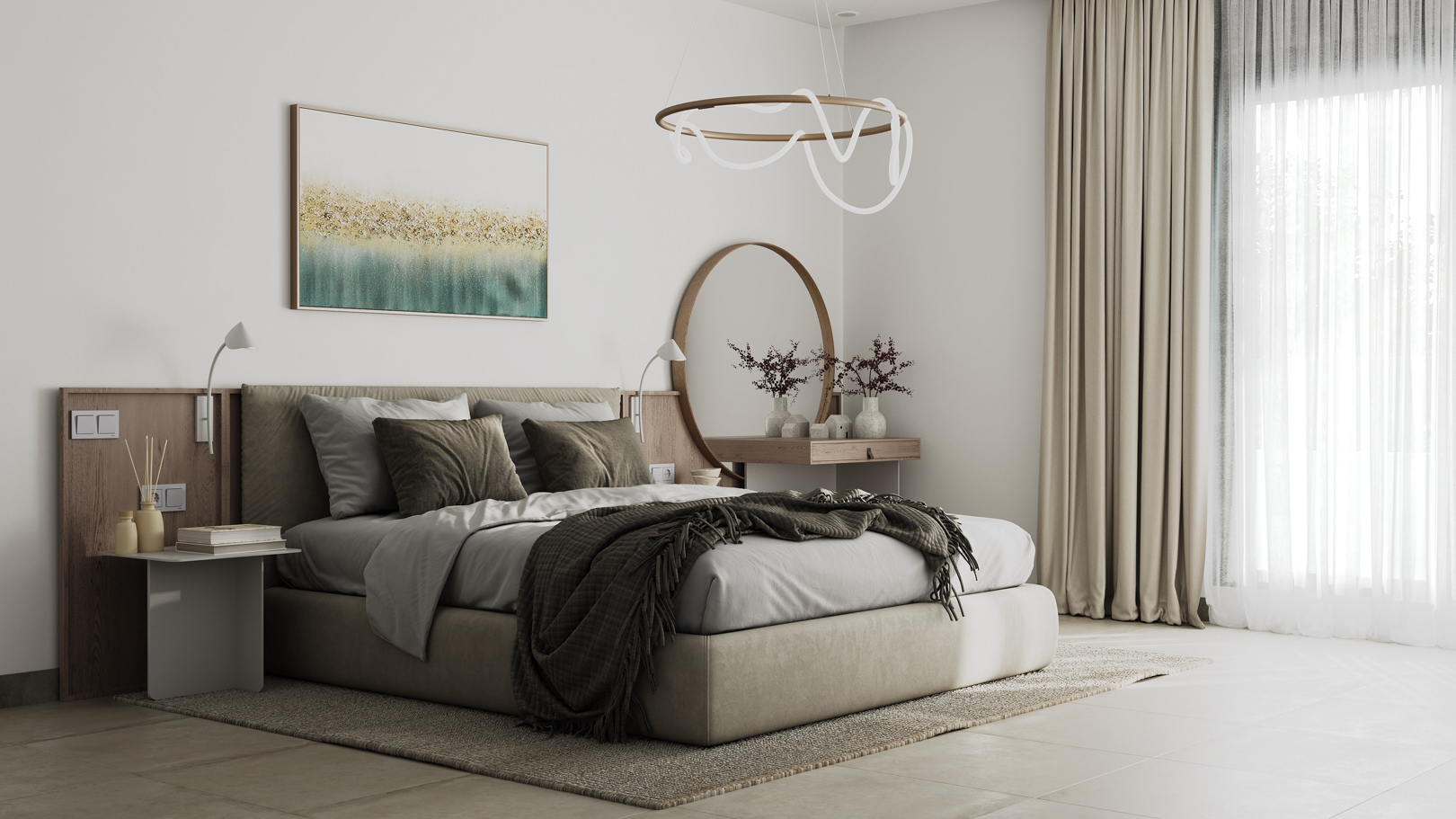 Modern master bedroom featuring an integrated wooden headboard, a vanity with a circular mirror, and floor-to-ceiling windows for natural light.