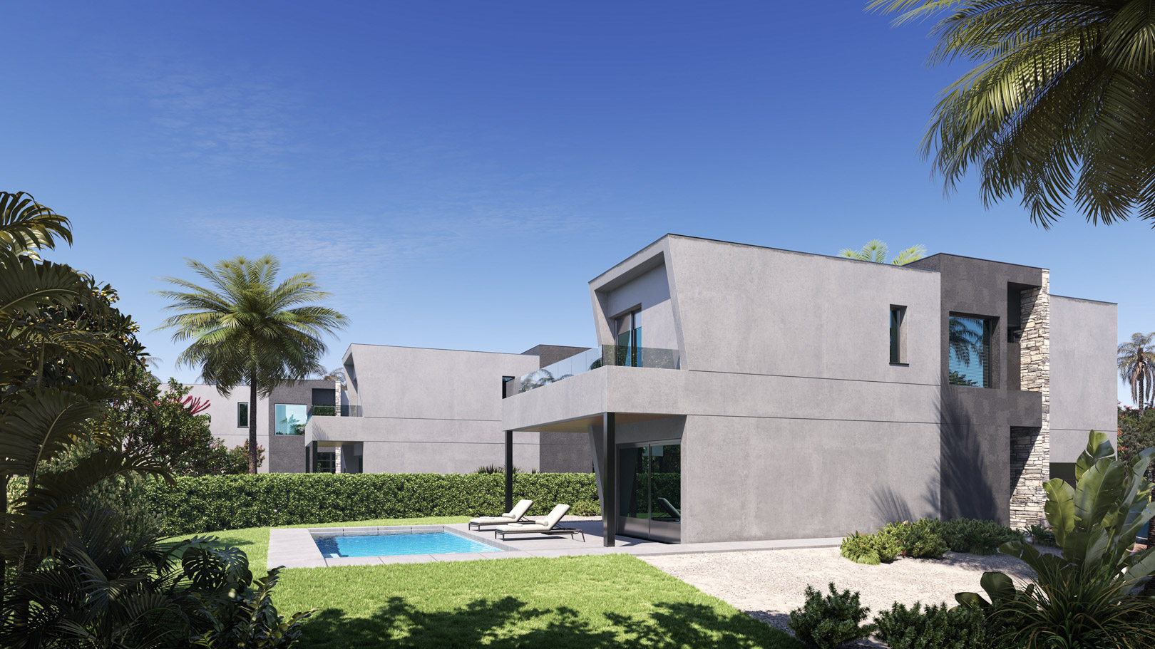 Modern villa exterior featuring a grey facade, private swimming pool, and sun loungers. The design includes clean architectural lines, stone accents, and a manicured lawn.