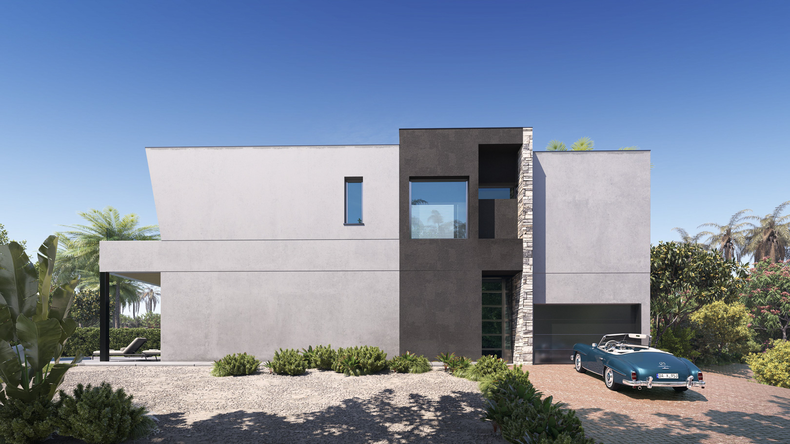 Modern villa facade featuring geometric lines, natural stone accents, and a grey color palette. Includes an integrated garage and landscaped Mediterranean garden.