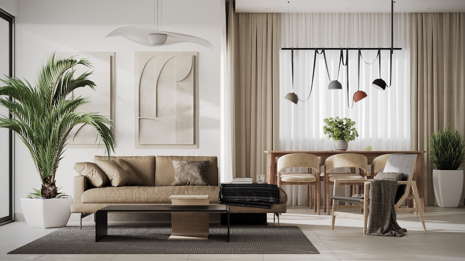Open-plan living and dining area featuring earth-toned seating, minimalist wall art, designer pendant lighting, and large windows with floor-to-ceiling drapes.