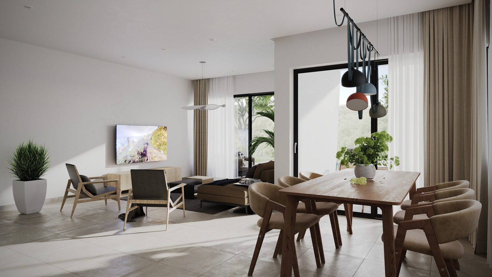 Open-plan living and dining area featuring large-format floor tiles, a wooden dining set, and floor-to-ceiling glass doors that provide abundant natural light and garden views.