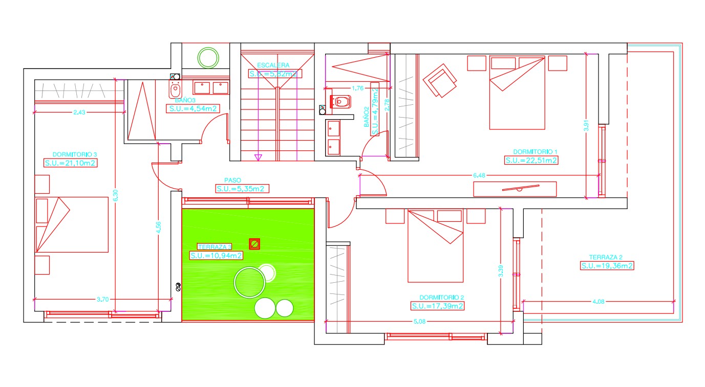 Technical floor plan of the upper level featuring three spacious bedrooms, two bathrooms, and two outdoor terraces, including a 22sqm master suite.