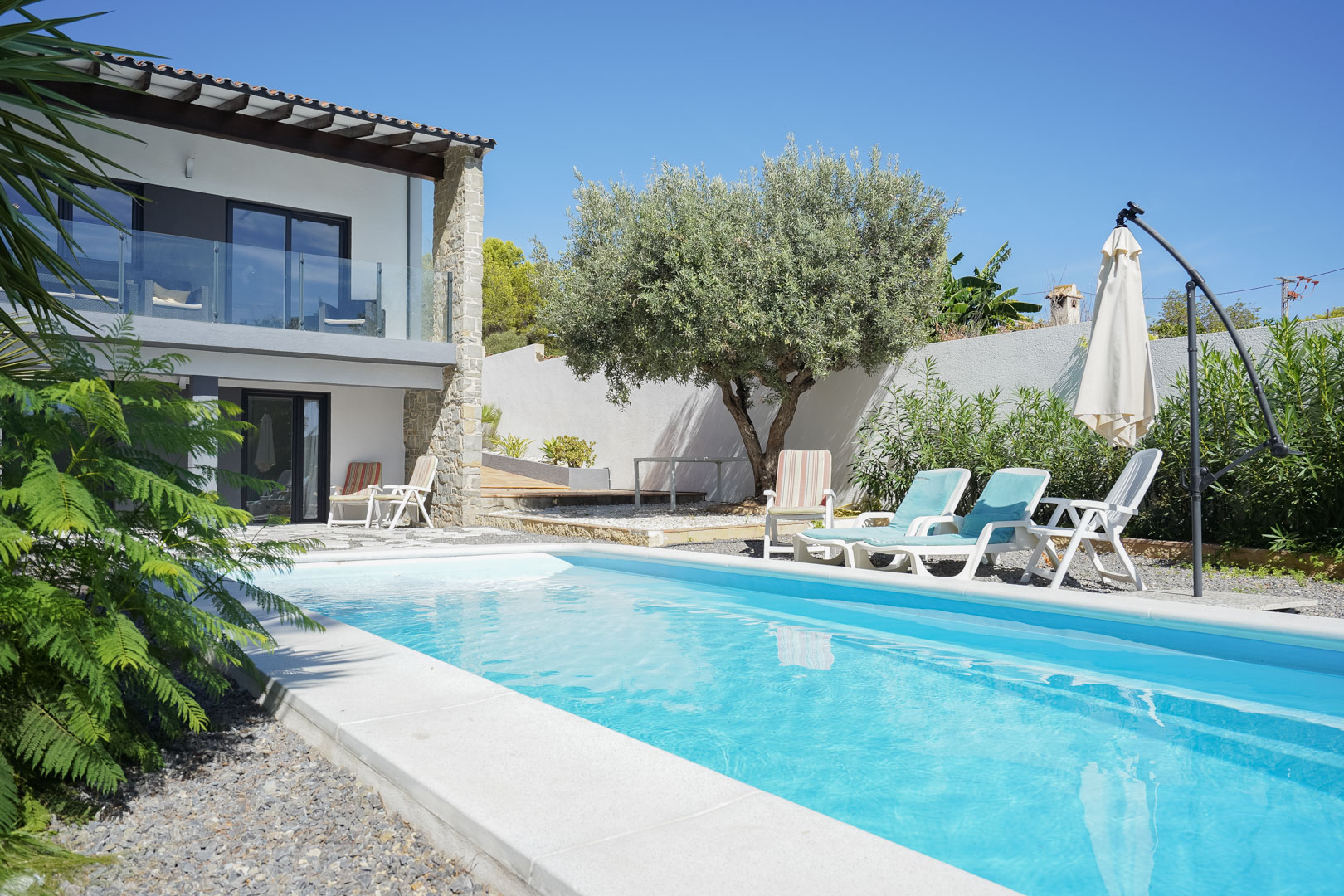 Outdoor swimming pool area featuring a sun terrace with loungers, a mature olive tree, and the villa's facade with glass-railed balconies and natural stone accents.