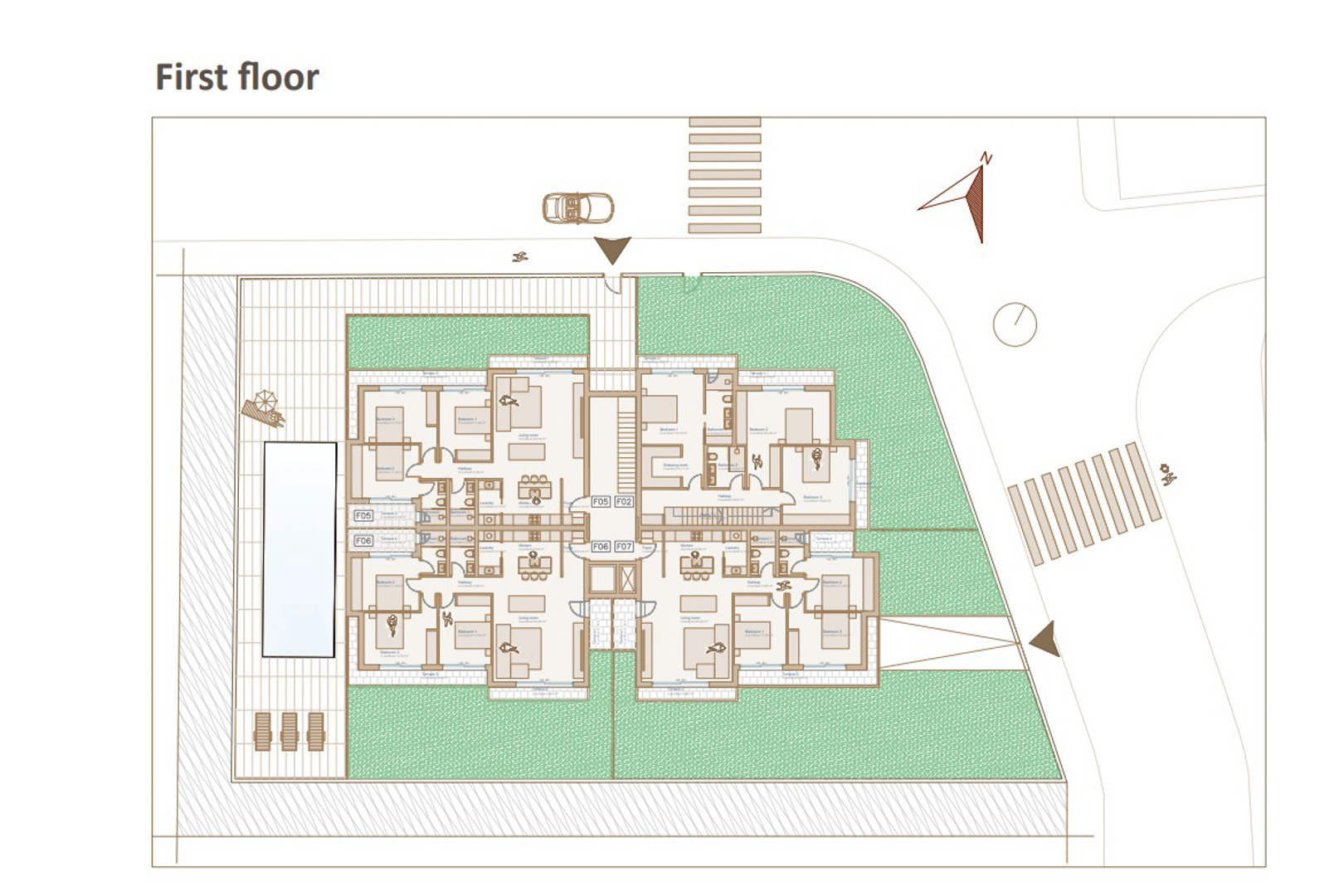 Detailed first-floor architectural plan showcasing the layout of four apartments, featuring three bedrooms, open-plan living areas, and private terraces.