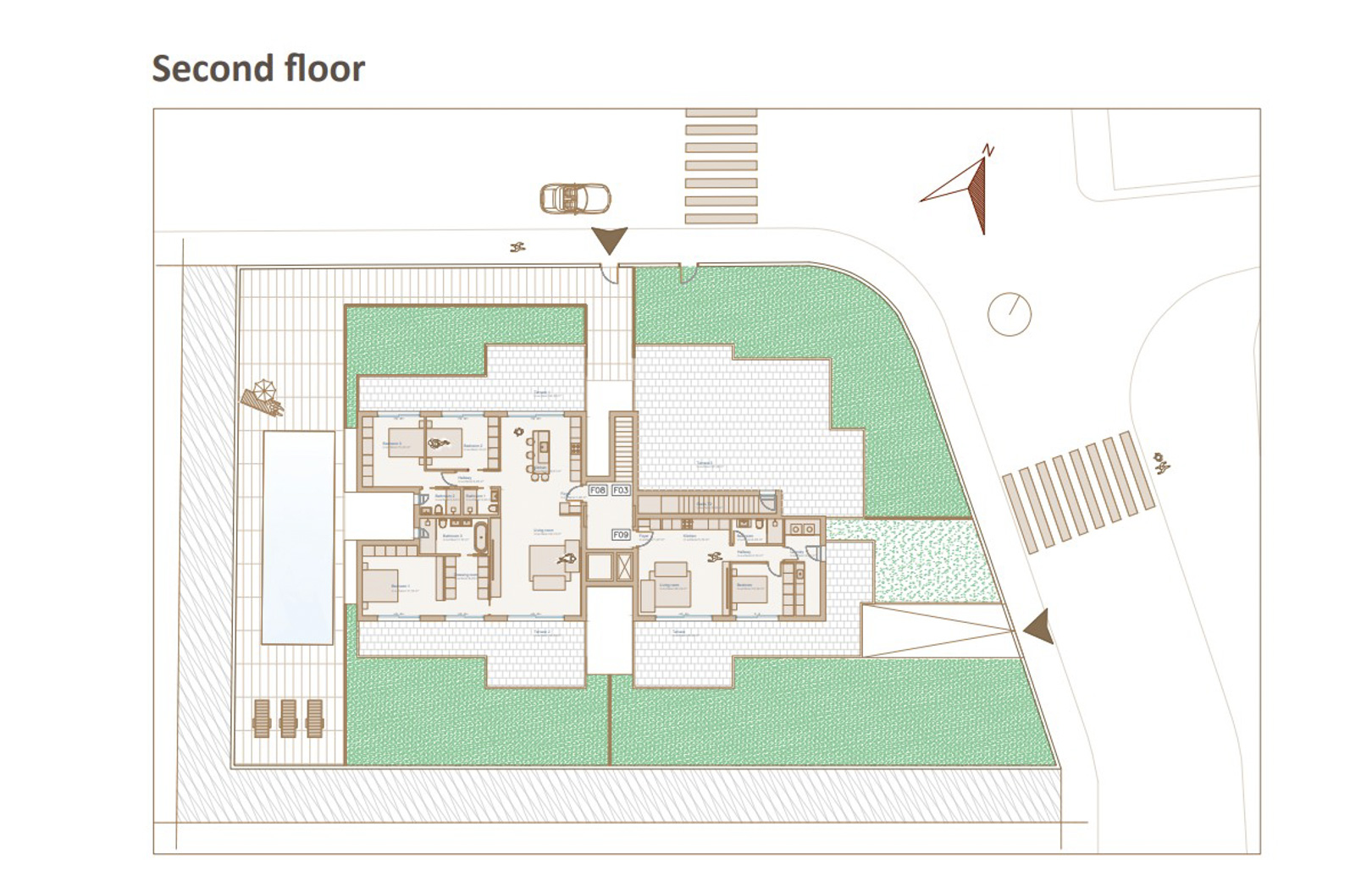 Detailed floor plan of the second floor illustrating the layout of two apartments featuring three bedrooms, expansive terraces, private gardens, and a communal pool area.