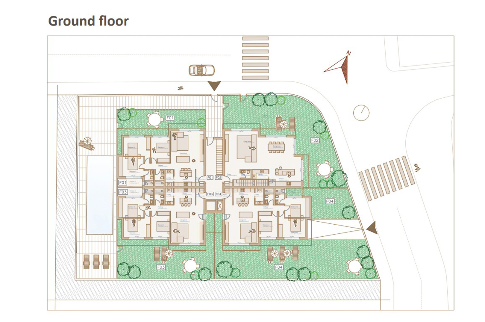 Detailed ground floor architectural plan illustrating four apartment layouts with private gardens and a communal swimming pool area.