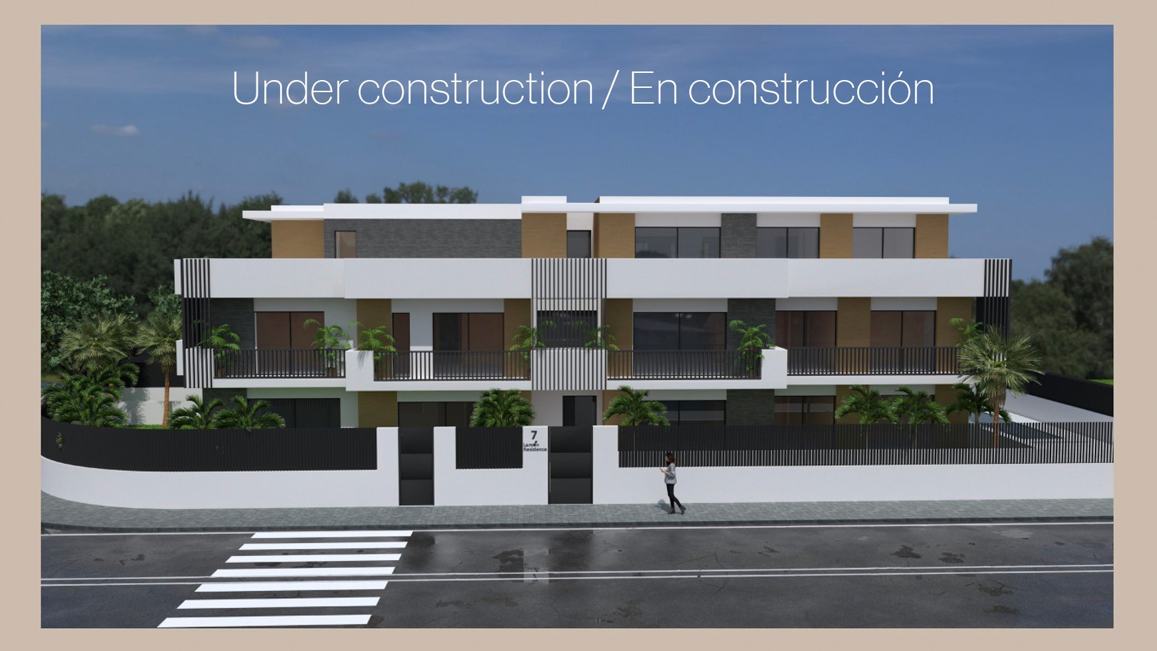Exterior rendering of a modern apartment building featuring a white facade with grey stone and wood accents, spacious terraces, and contemporary black metal detailing.