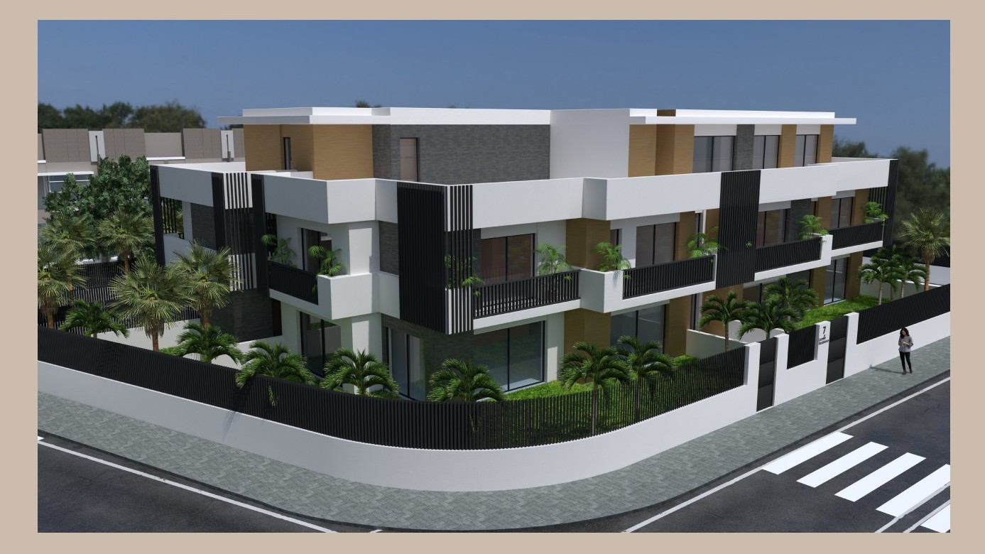 Exterior view of the modern two-story building featuring a white and grey facade, private ground-floor gardens with palms, and upper-floor balconies.