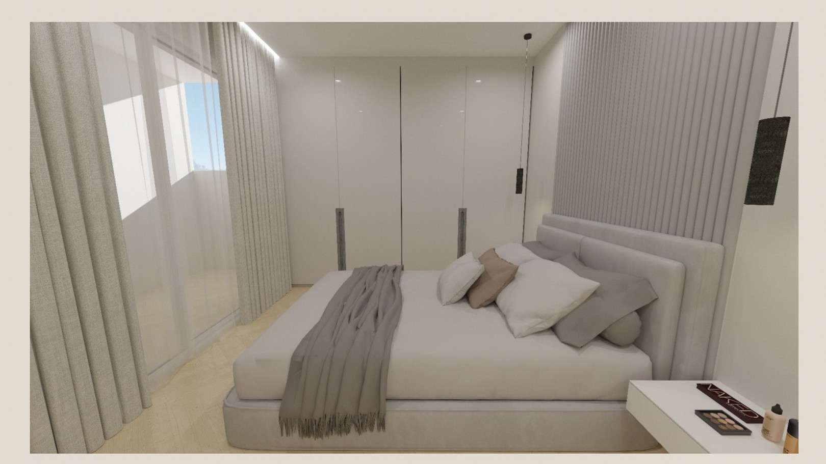 Master bedroom featuring floor-to-ceiling built-in wardrobes, a textured slatted accent wall, and large glass doors opening onto a private terrace.