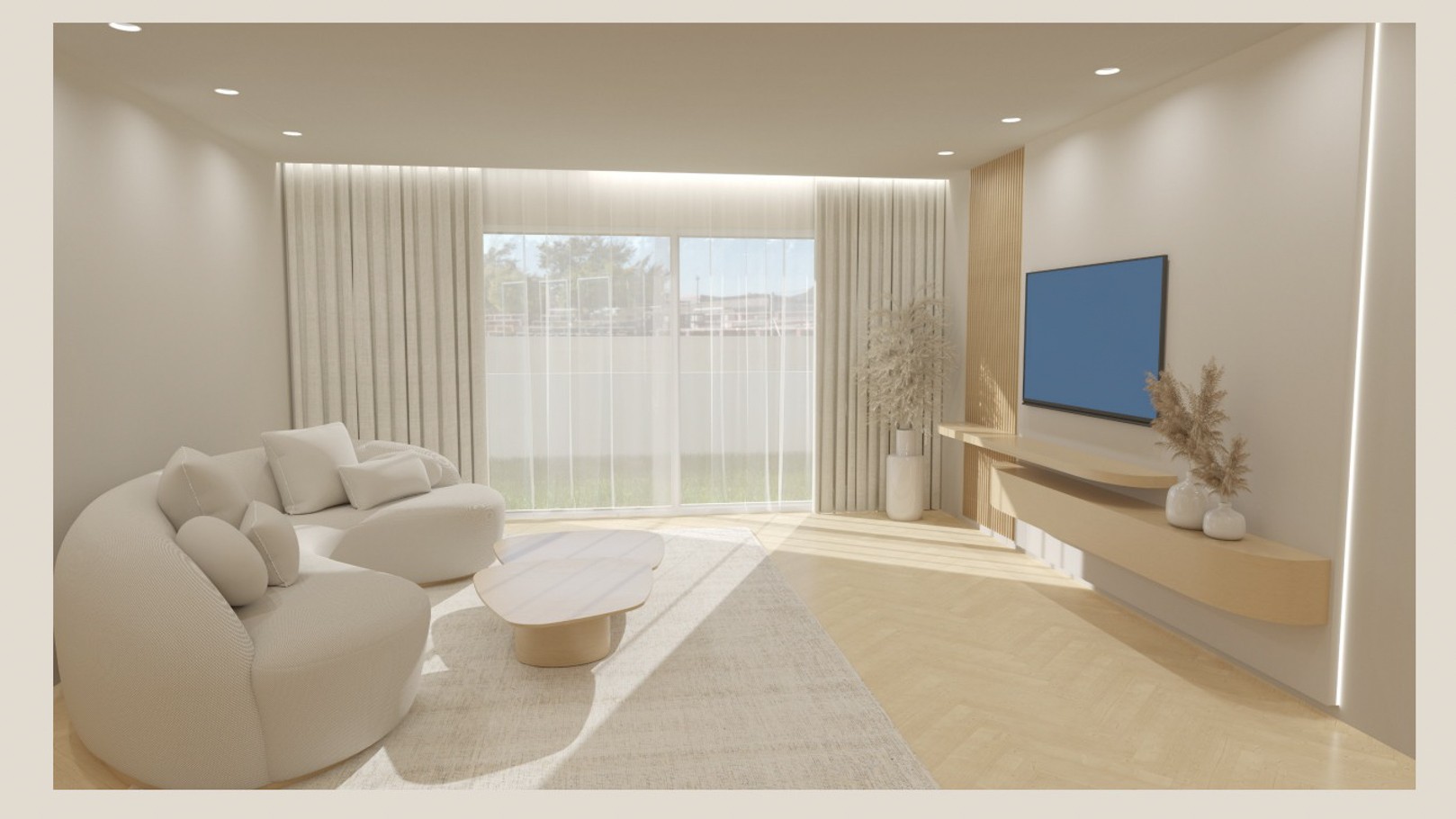 Minimalist living area featuring light herringbone wood flooring, a curved sofa, and large sliding doors. Includes wooden wall panels and floating shelves.