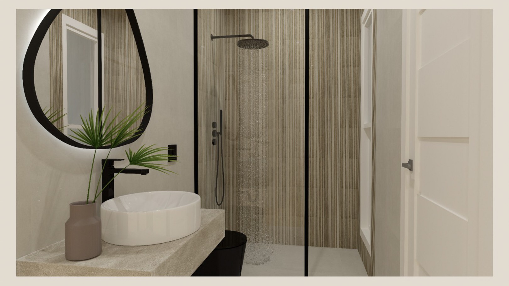 Modern bathroom featuring a stone countertop with a vessel sink, organic backlit mirror, and a walk-in shower with textured vertical tile accents.