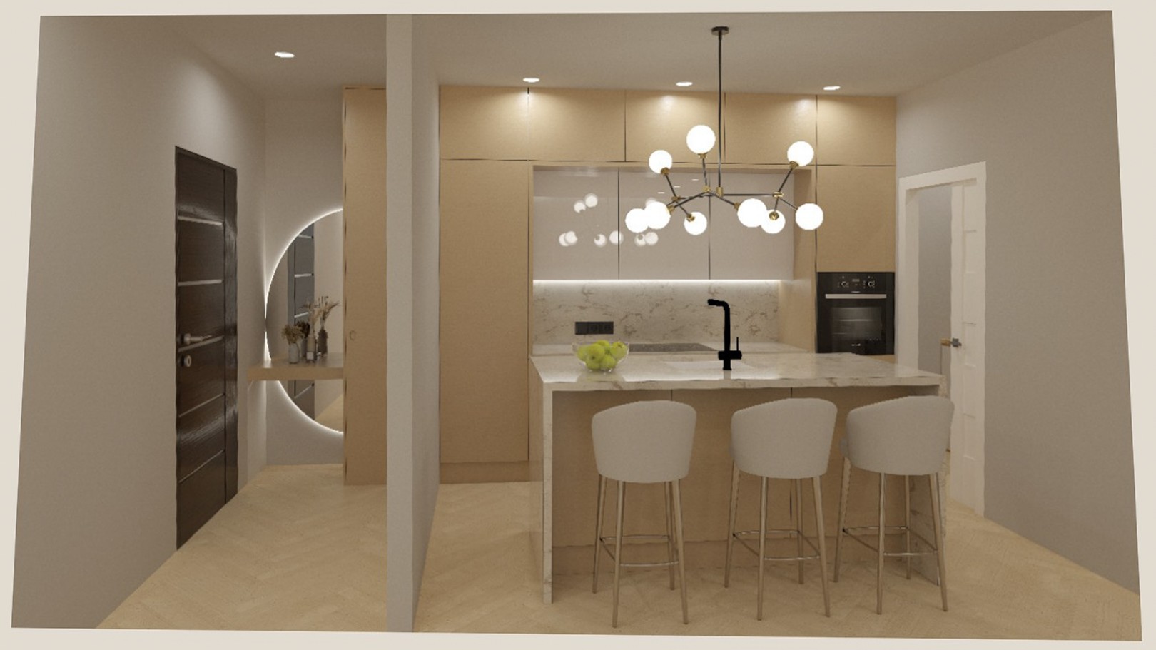 Open-plan kitchen featuring a marble island, light wood cabinetry, and designer lighting, adjacent to a hallway with a backlit circular mirror.
