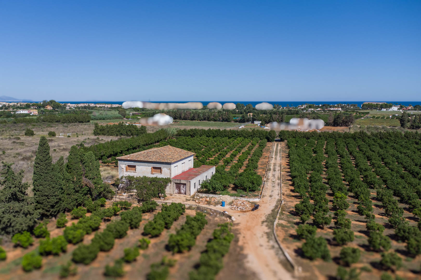 Aerial view of the country house surrounded by vast citrus groves, featuring the Mediterranean Sea on the horizon and a private dirt access road.