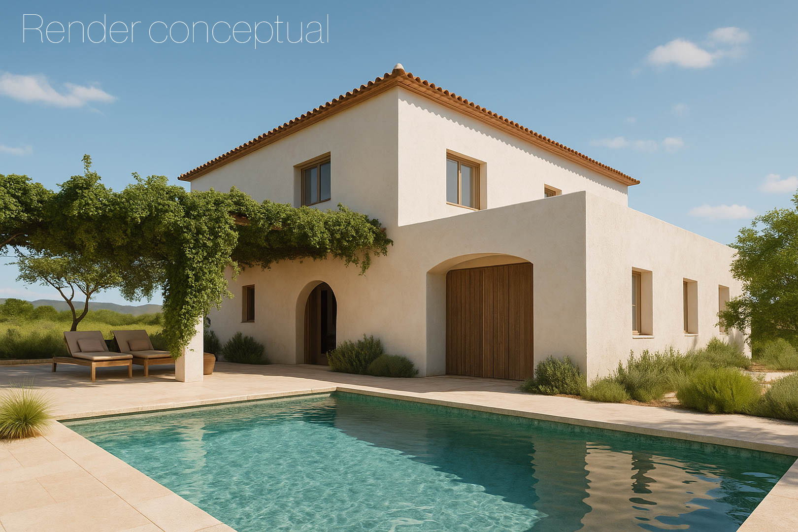 Conceptual render of a Mediterranean villa featuring a light-toned facade, rectangular swimming pool, and a pergola covered in lush vines on a flat plot.