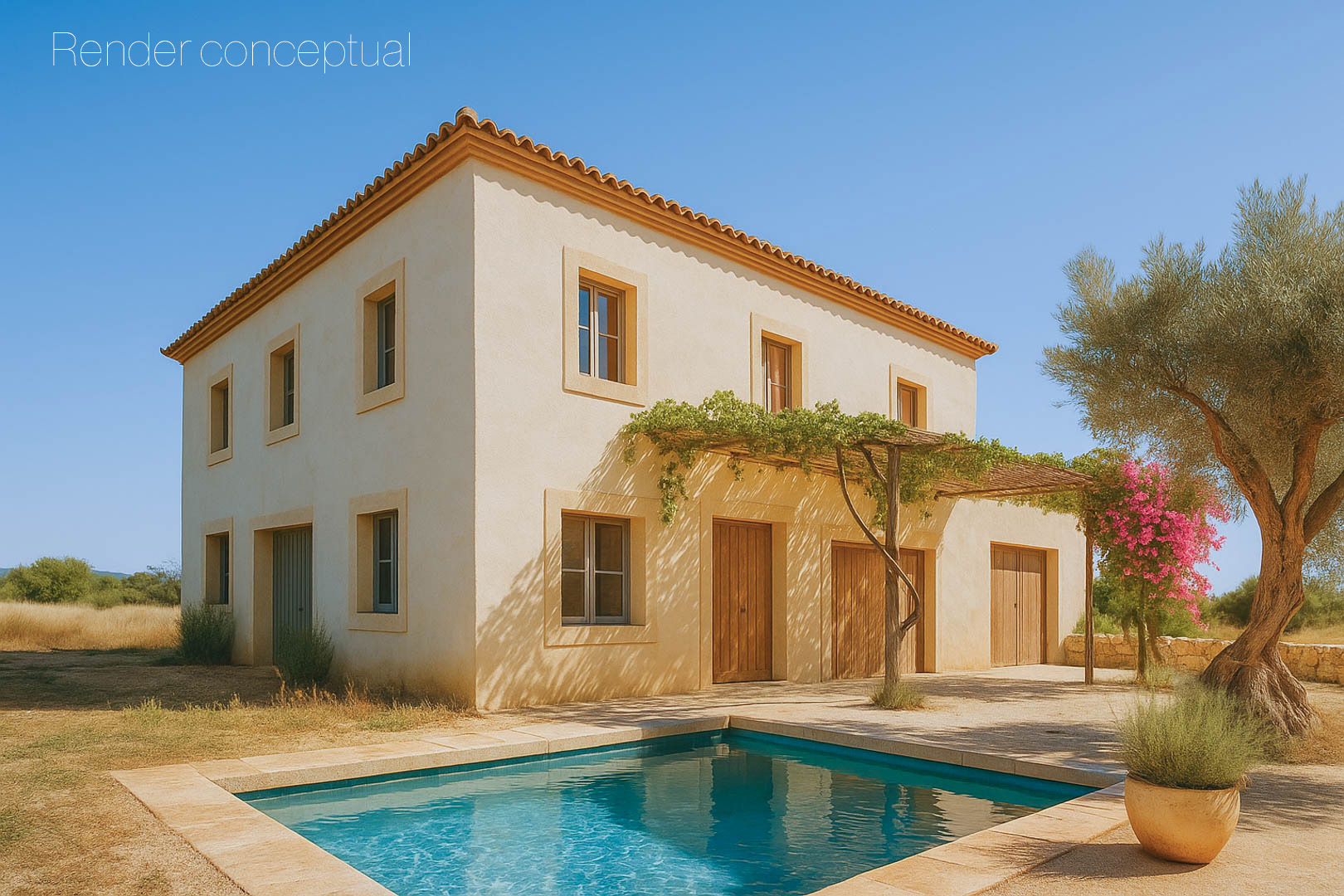 Conceptual render of a Mediterranean villa featuring a sand-toned facade, rectangular pool, and rustic wooden pergola amidst olive trees and local flora.
