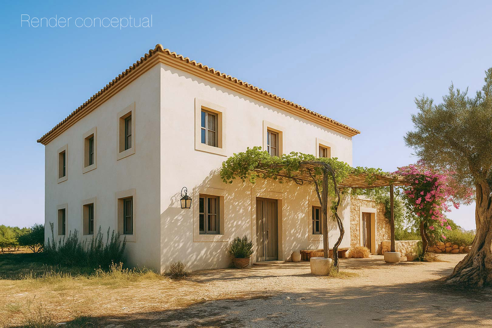 Conceptual render of a two-story Mediterranean farmhouse featuring a cream facade, vine-covered pergola, and traditional terracotta roof in a rustic setting.