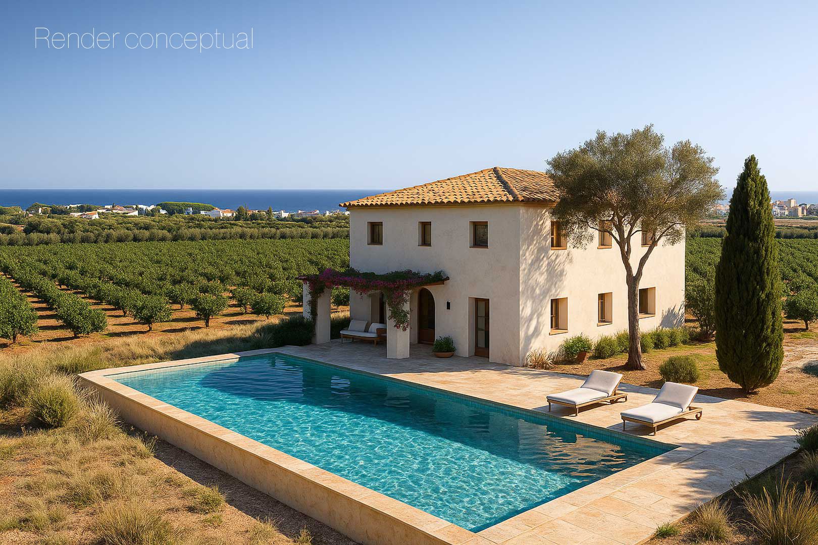 Conceptual render showing a rectangular swimming pool, stone terrace, and a two-story Mediterranean house overlooking citrus groves and the sea.