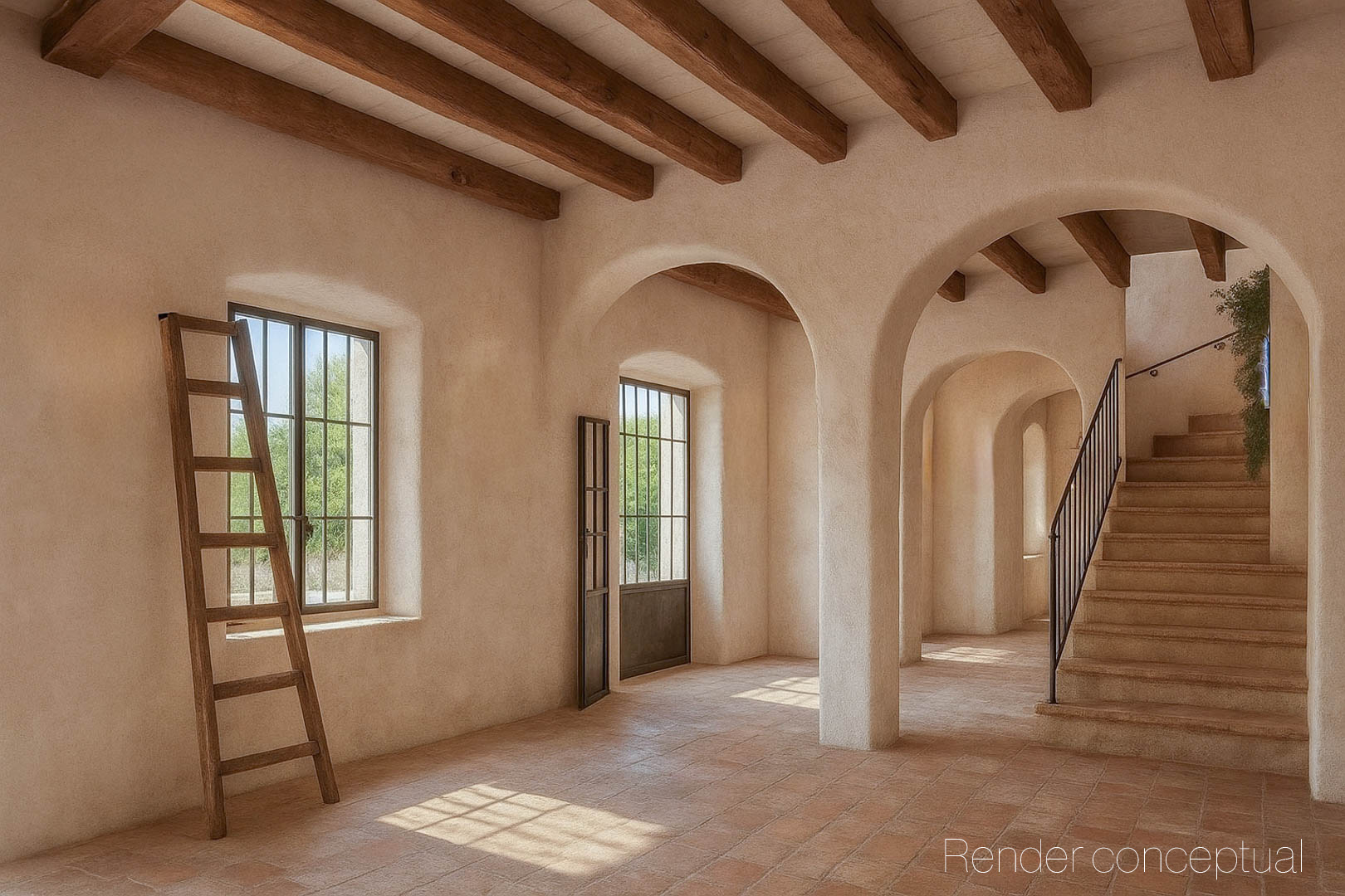 Open-plan interior featuring exposed wooden ceiling beams, terracotta tile flooring, and elegant arches leading to a stone staircase with iron railings.