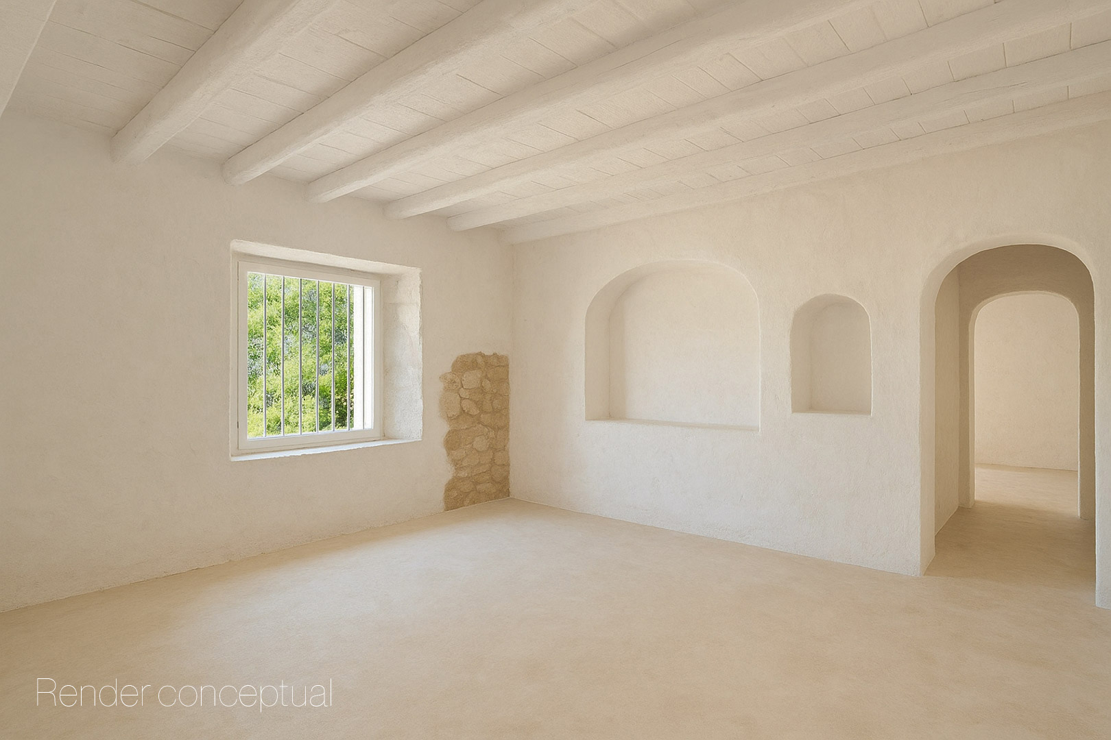 Open-plan interior featuring white wooden ceiling beams, integrated wall niches, and a section of original exposed stone masonry by the window.