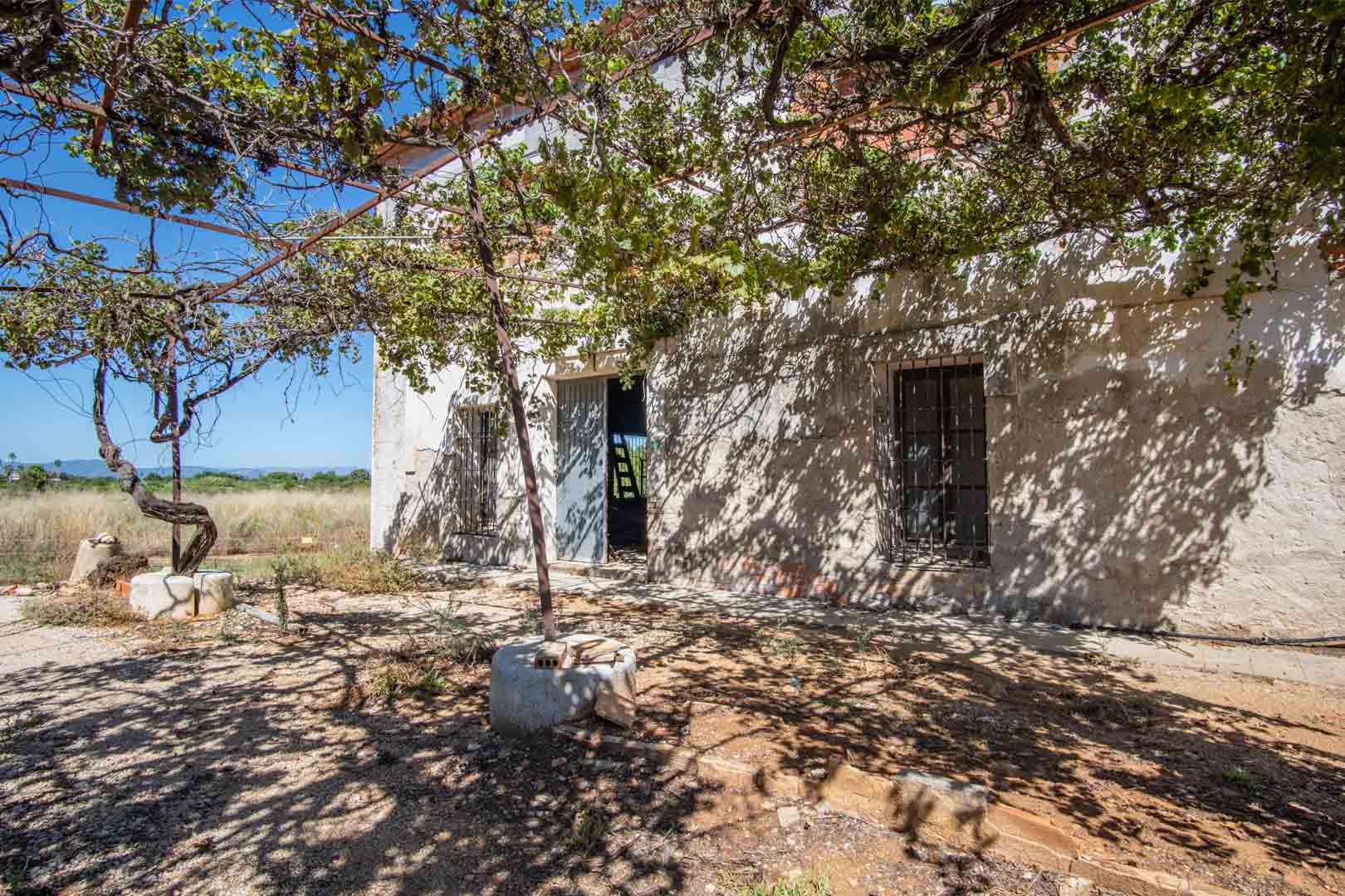 Rustic facade featuring a natural vine-covered pergola providing shade to the entrance, with traditional barred windows and views of the surrounding countryside.