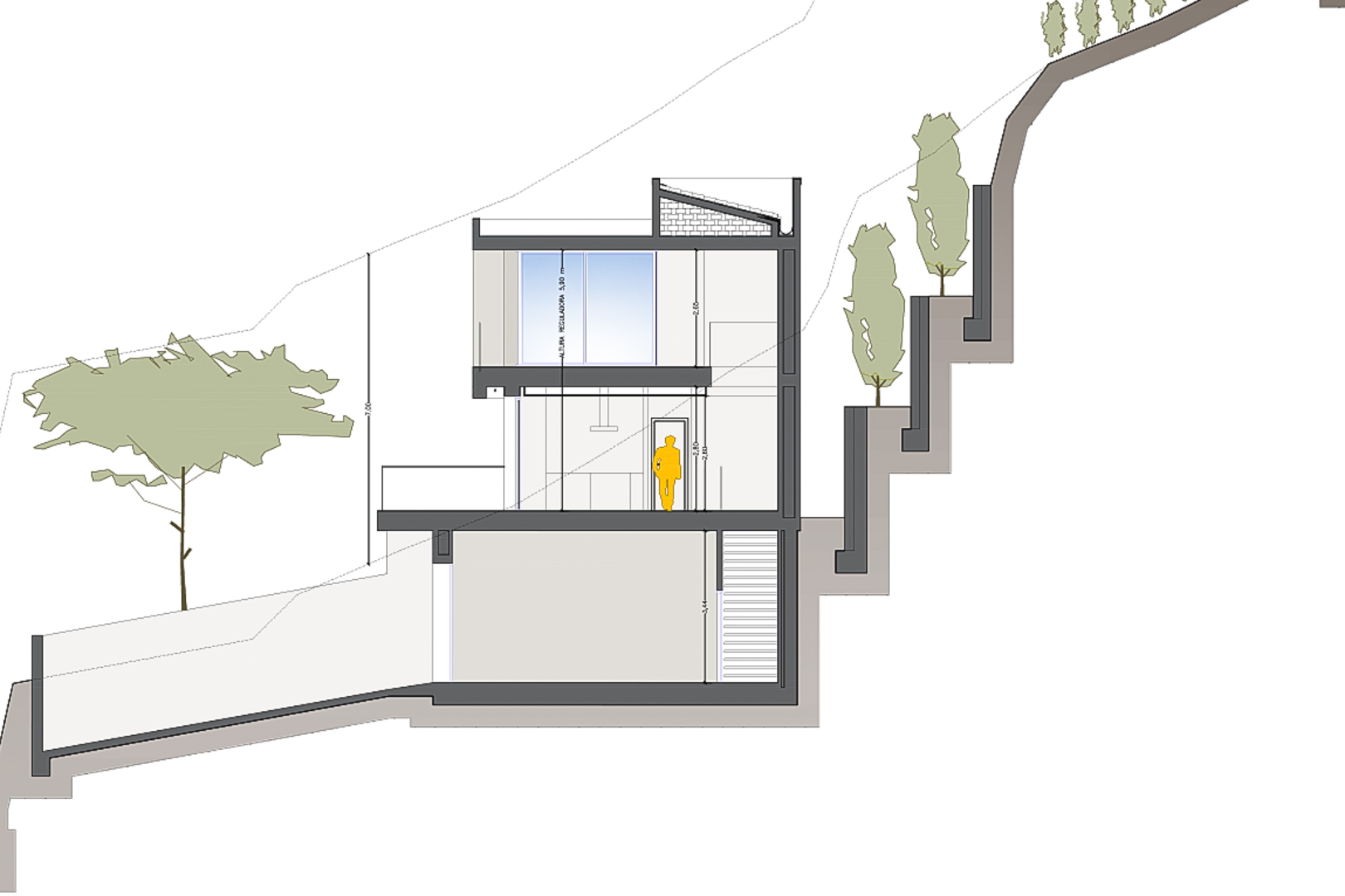 Architectural cross-section of the proposed villa, illustrating the three-story layout and its structural integration into the sloped landscape.