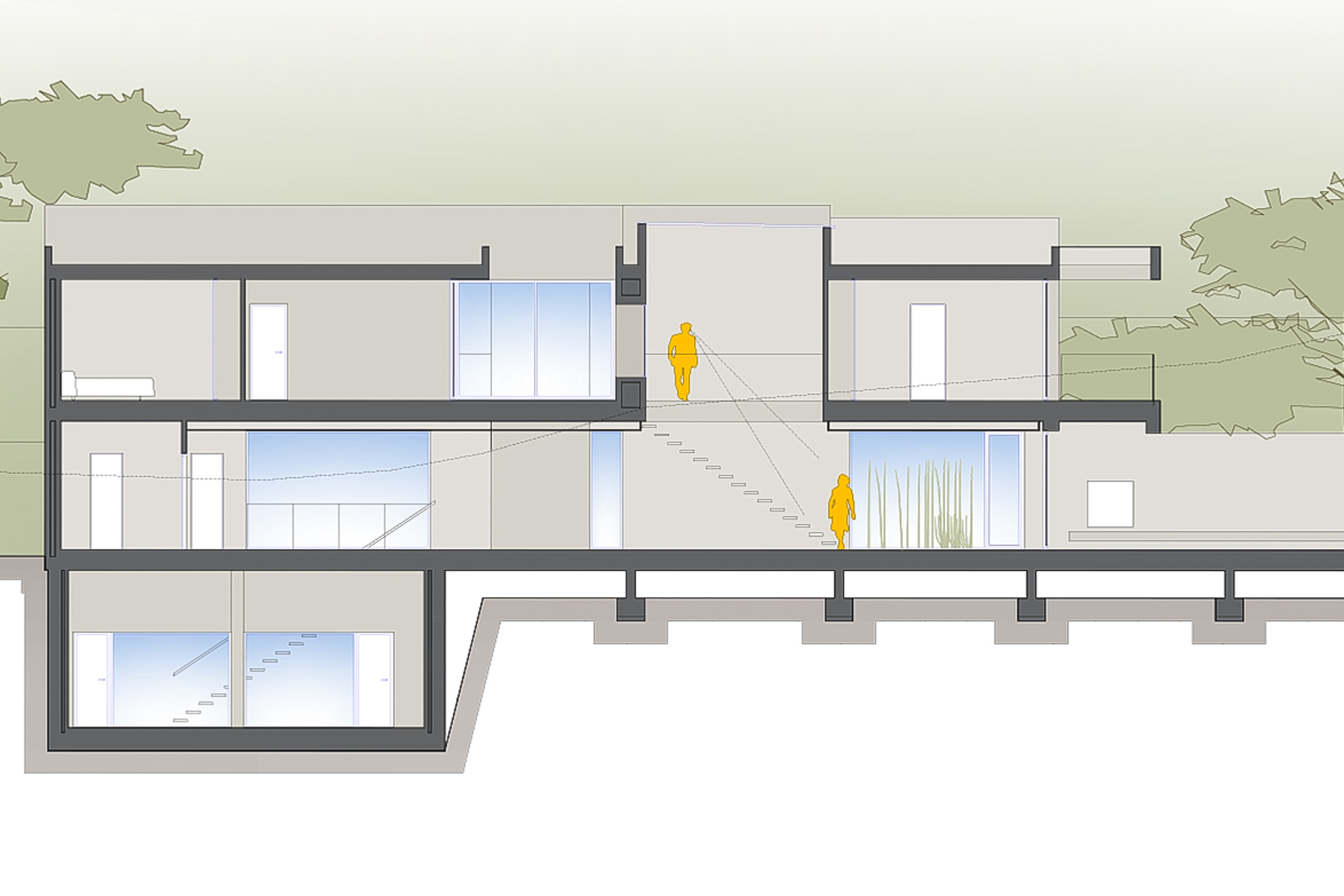 Architectural cross-section of the proposed villa illustrating three levels, including a basement, large glass windows, and internal staircase layout.