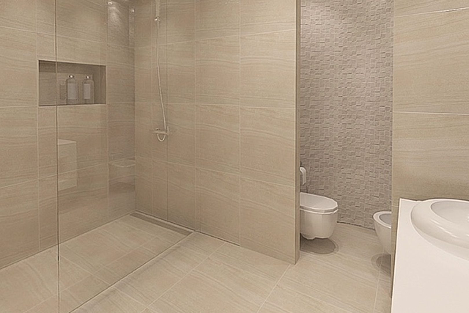Contemporary bathroom featuring a walk-in shower with glass screen and recessed niche. Sand-toned porcelain tiles complement the textured mosaic feature wall.